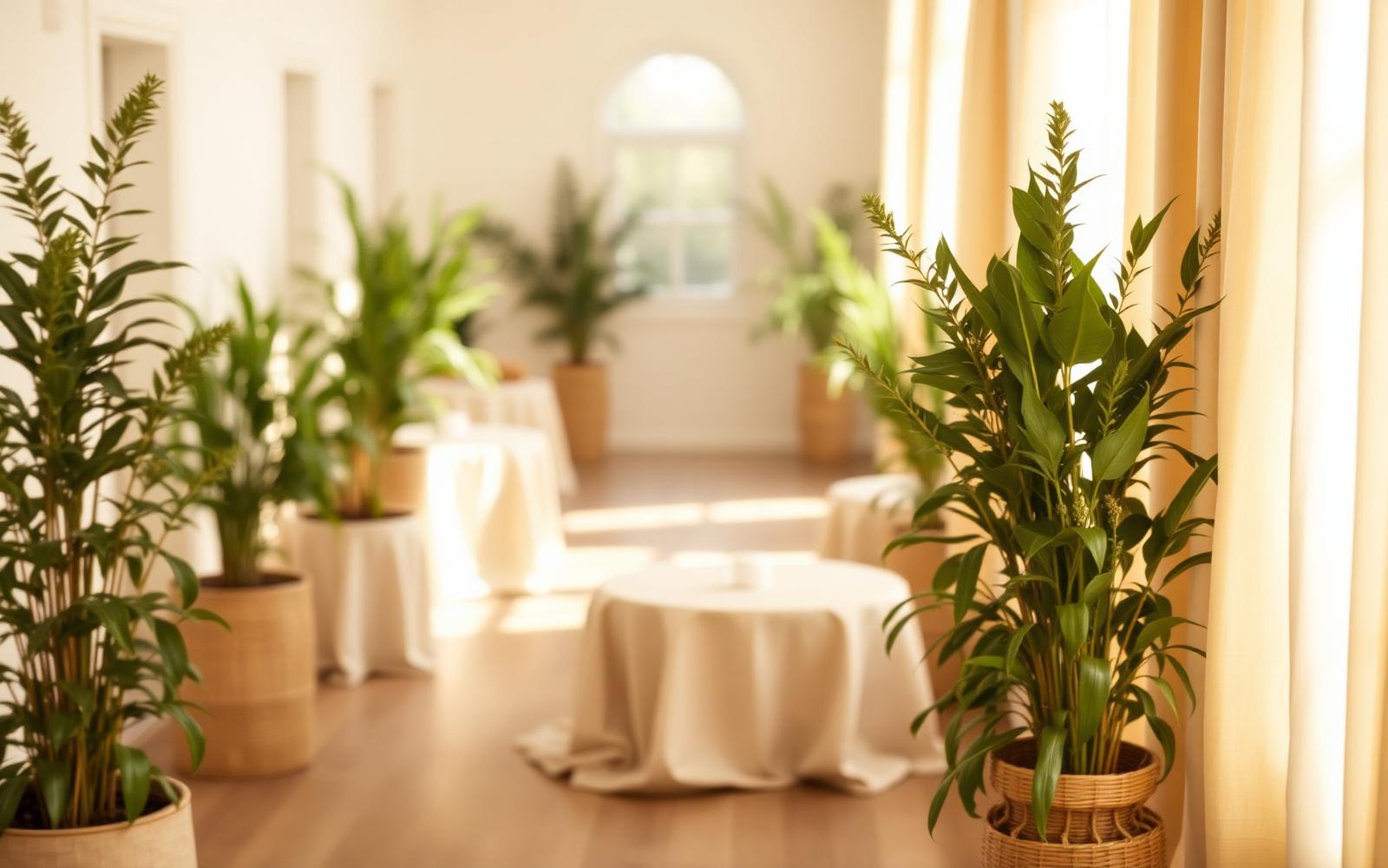 Sunlit event space set with cream linens and green plants